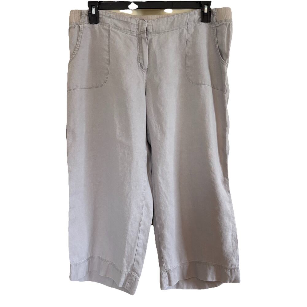 J Jill Pants Women’s 14 Gray 100% Linen Crop Capri Elastic Waist Casual Summer